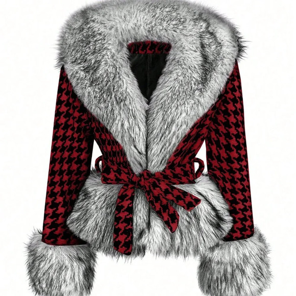 Jackets & Blazers - Red Casual Women's Front Tie Long Sleeve Faux Fur Houndstooth Woolen Jacket